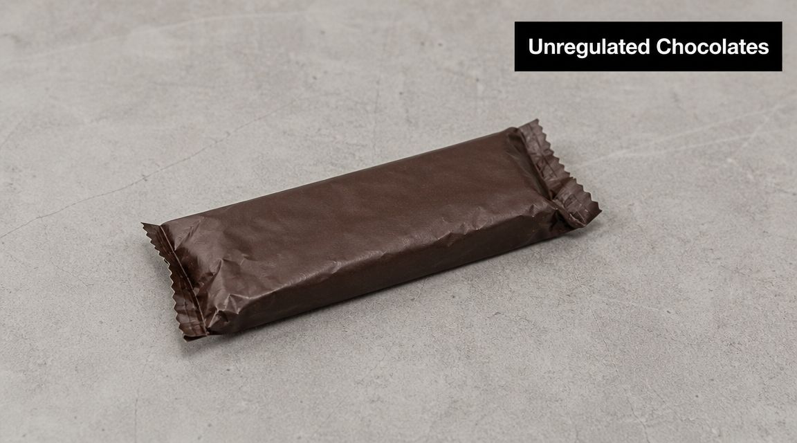 A single rectangular dark chocolate bar wrapped in plain brown packaging resting on a grey surface.