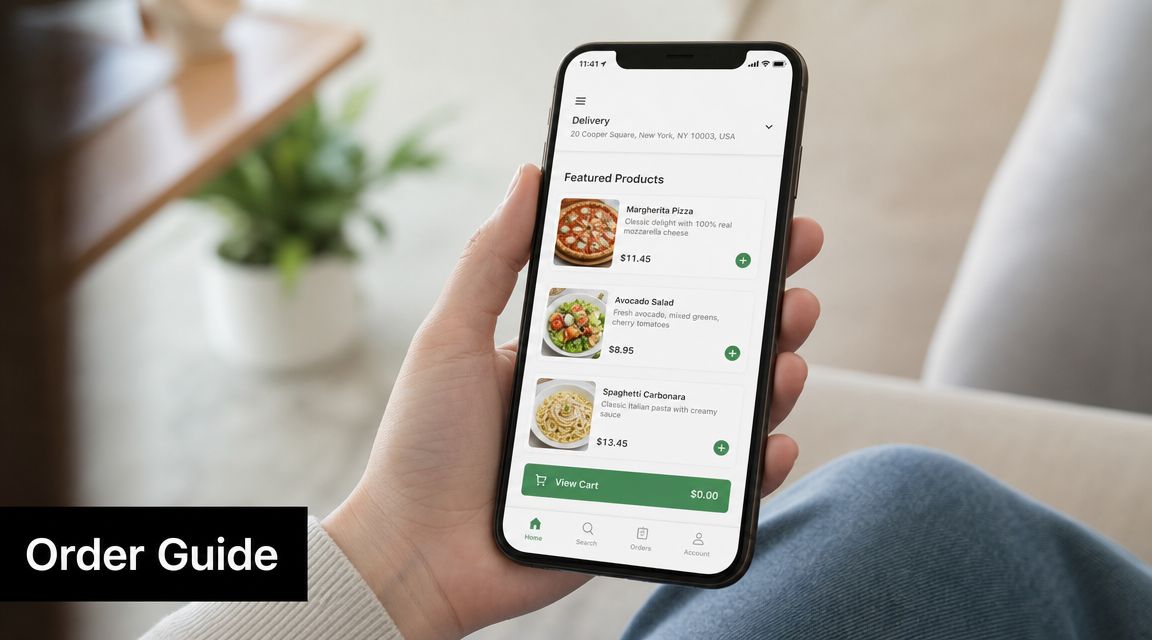 A person holding a smartphone displaying a food delivery application with a menu of featured items.