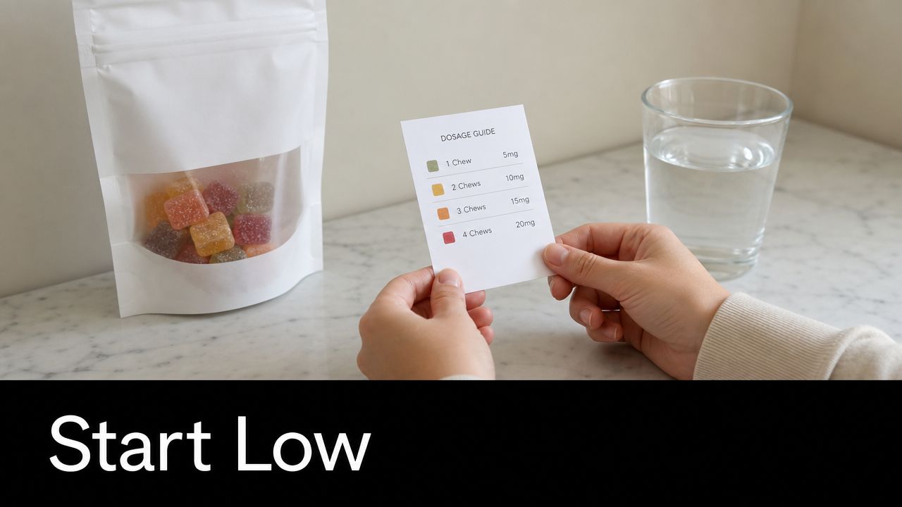 A person holds a dosage guide card next to a pouch of colorful vegan fruit chews.