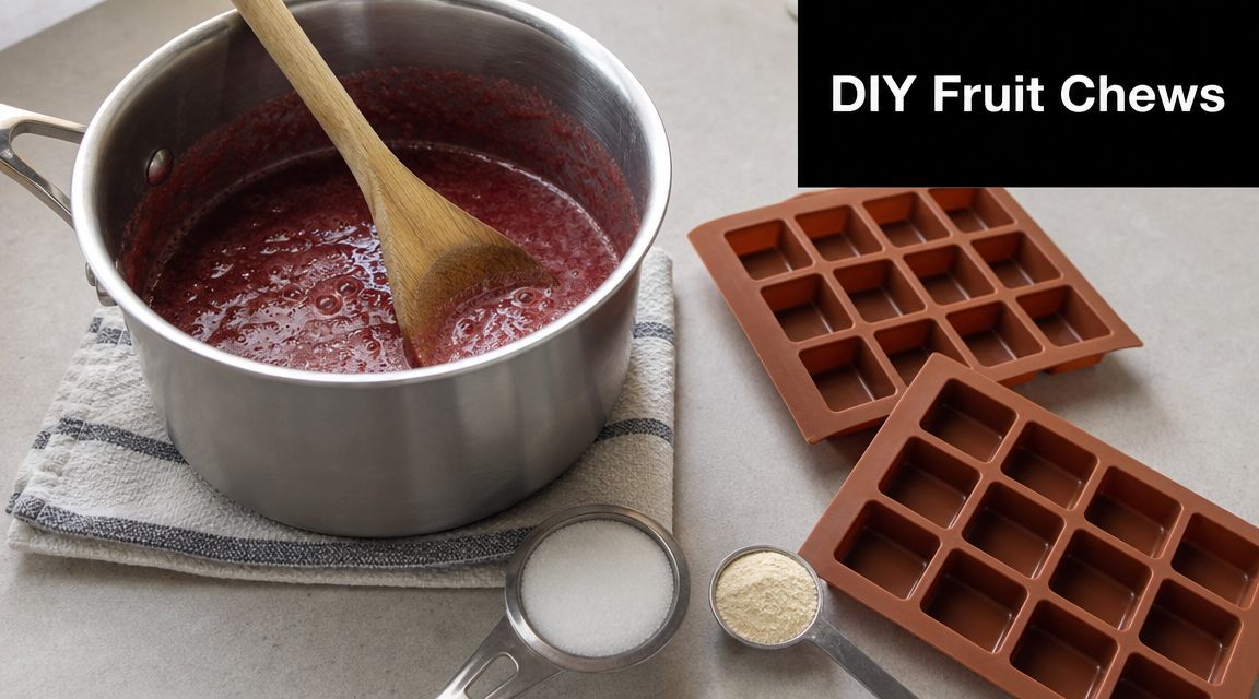 A saucepan of red fruit puree next to silicone molds, sugar, and powder for making fruit chews.