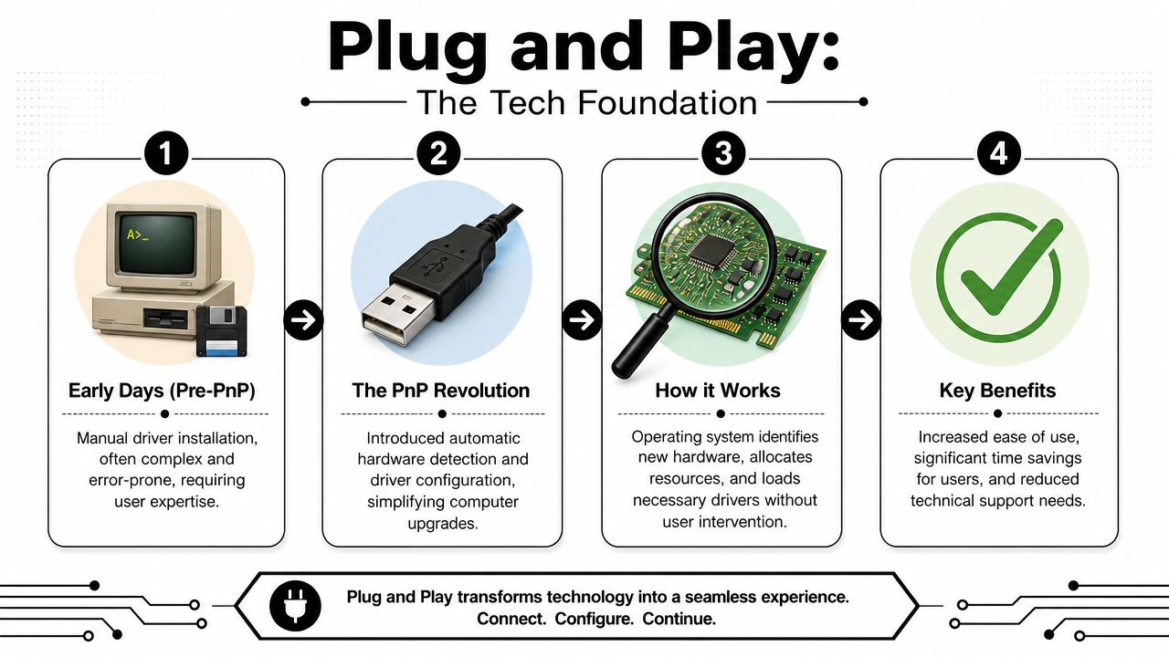 An infographic showing the evolution and benefits of Plug and Play technology from manual setup to automation.
