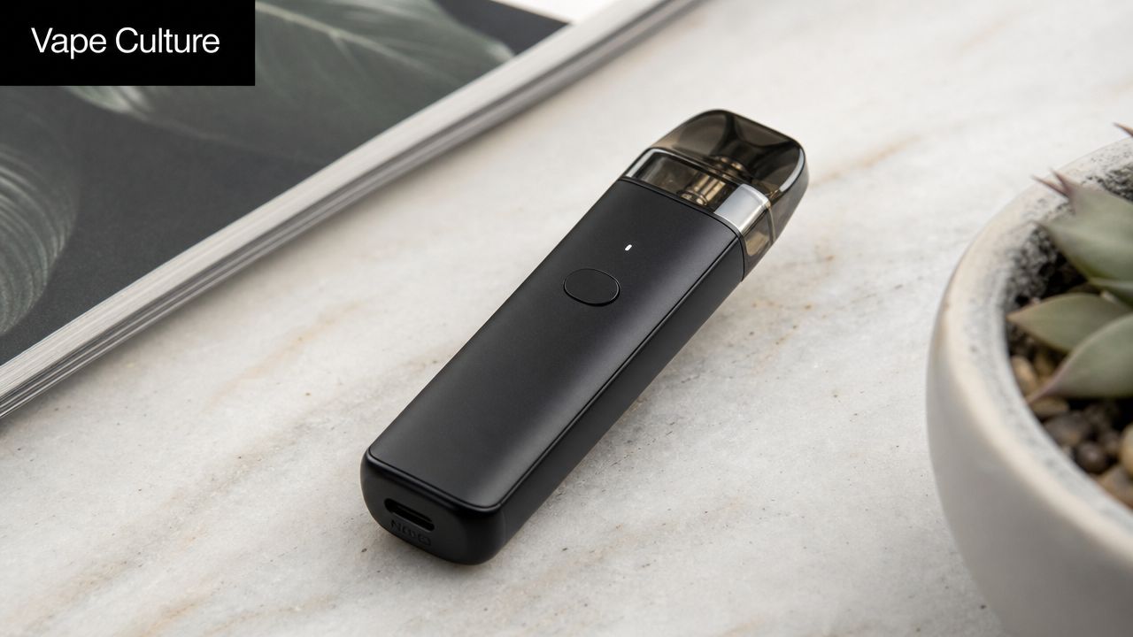 A sleek black electronic vape device sits on a marble surface next to a magazine.