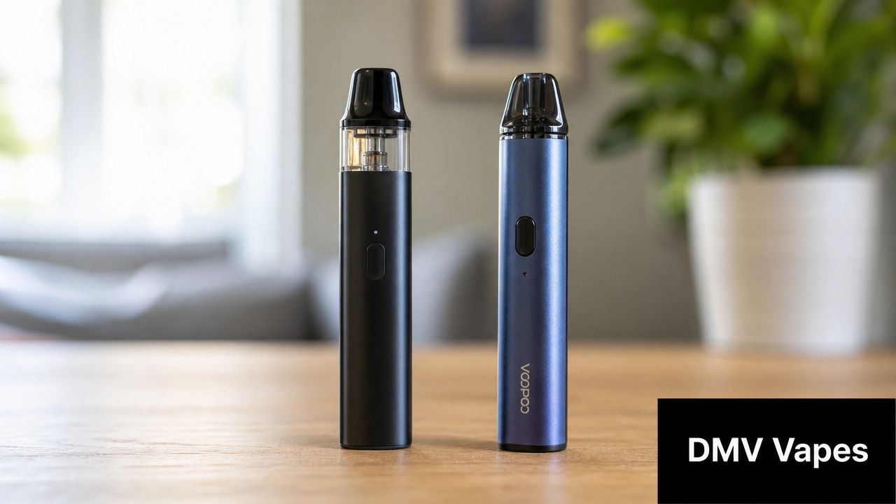 Two VOOPOO brand pod vape devices standing on a wooden table, one black and one blue.