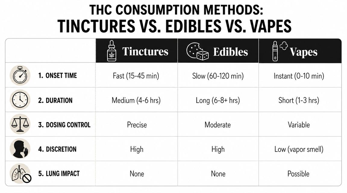 A comparison chart showing onset time, duration, dosing, discretion, and lung impact for tinctures, edibles, and vapes.