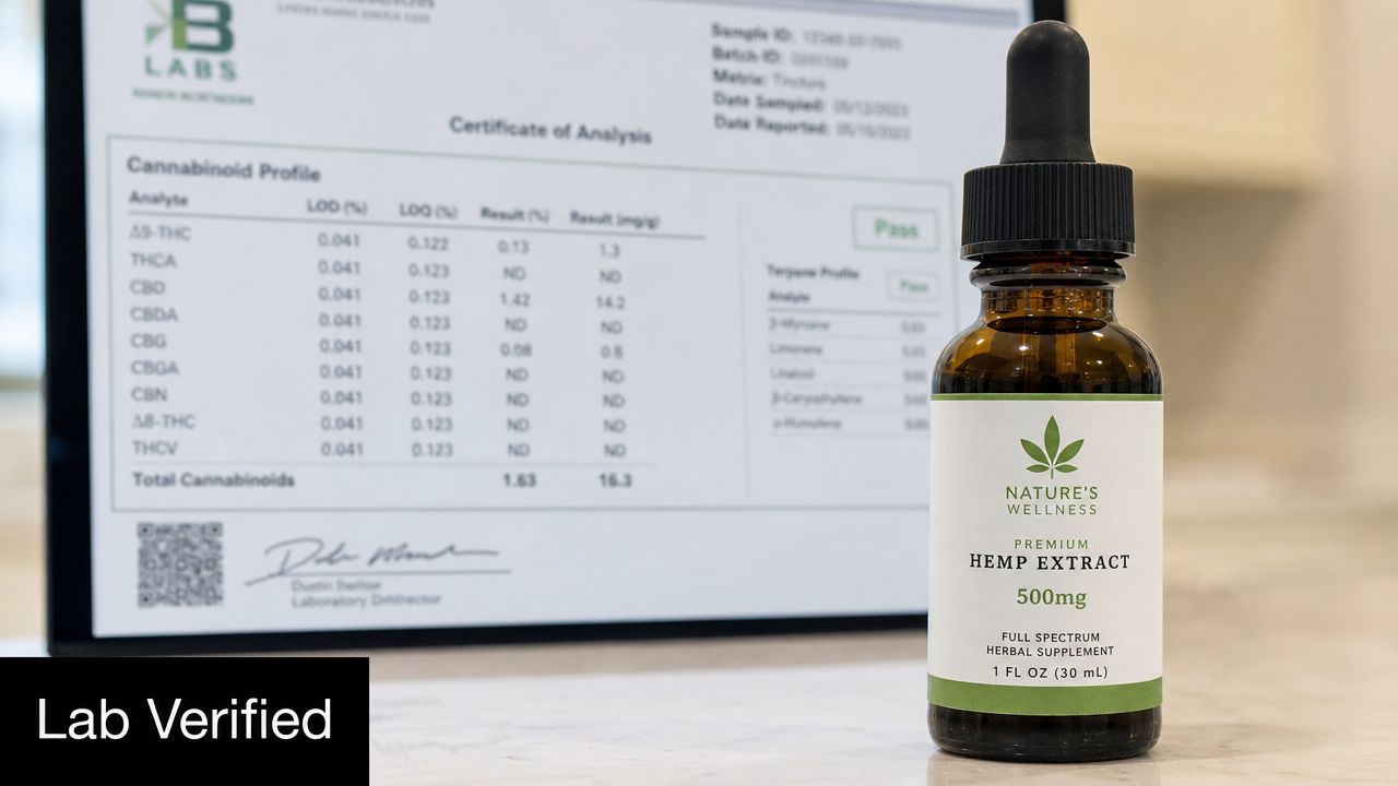A bottle of Nature's Wellness hemp extract tincture placed in front of its laboratory cannabinoid analysis certificate.