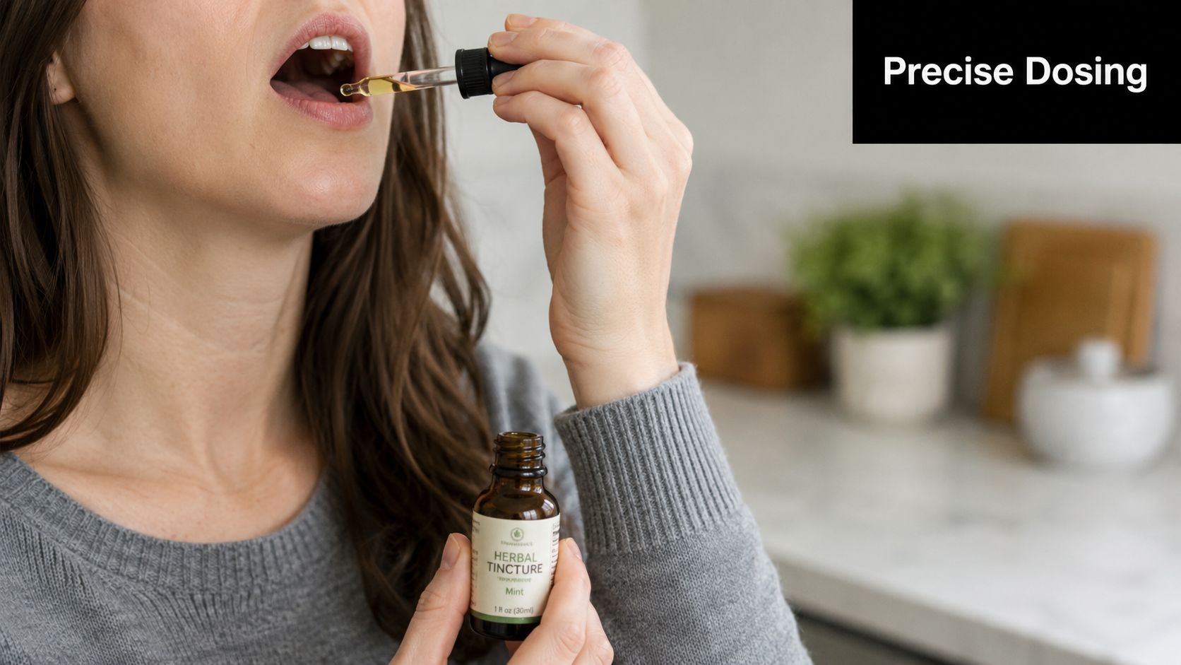 A person using a dropper to administer a herbal tincture directly into their open mouth.