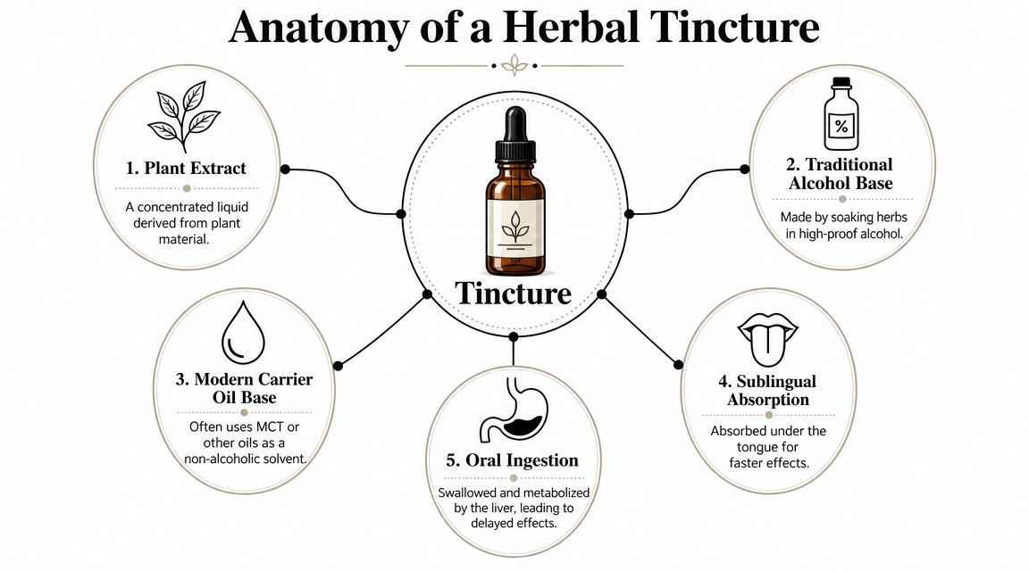 An educational infographic titled Anatomy of a Herbal Tincture displaying five components and methods of administration.