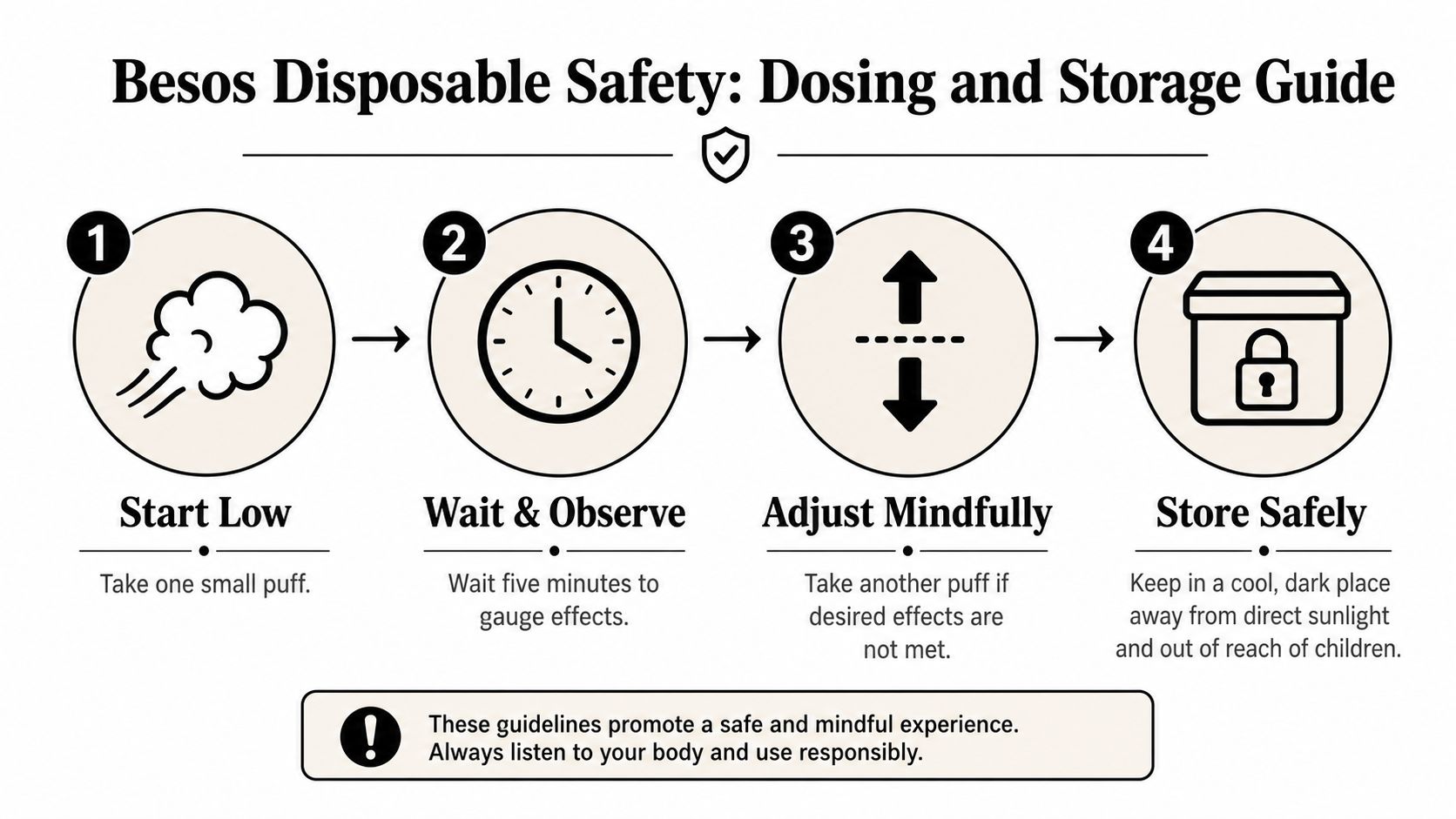 A safety infographic titled Besos Disposable Safety outlining four steps for proper dosing and secure storage.