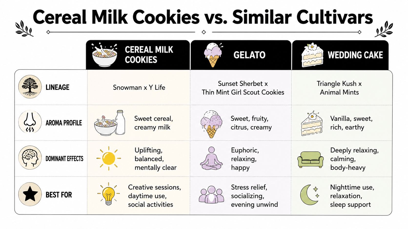 A comparison chart showing the lineage, aroma, effects, and best uses for Cereal Milk Cookies, Gelato, and Wedding Cake.