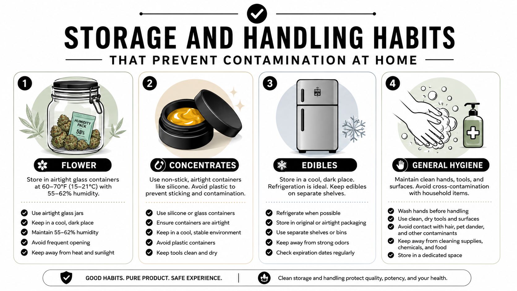 An infographic showing four essential storage and handling tips for cannabis products to prevent contamination at home.