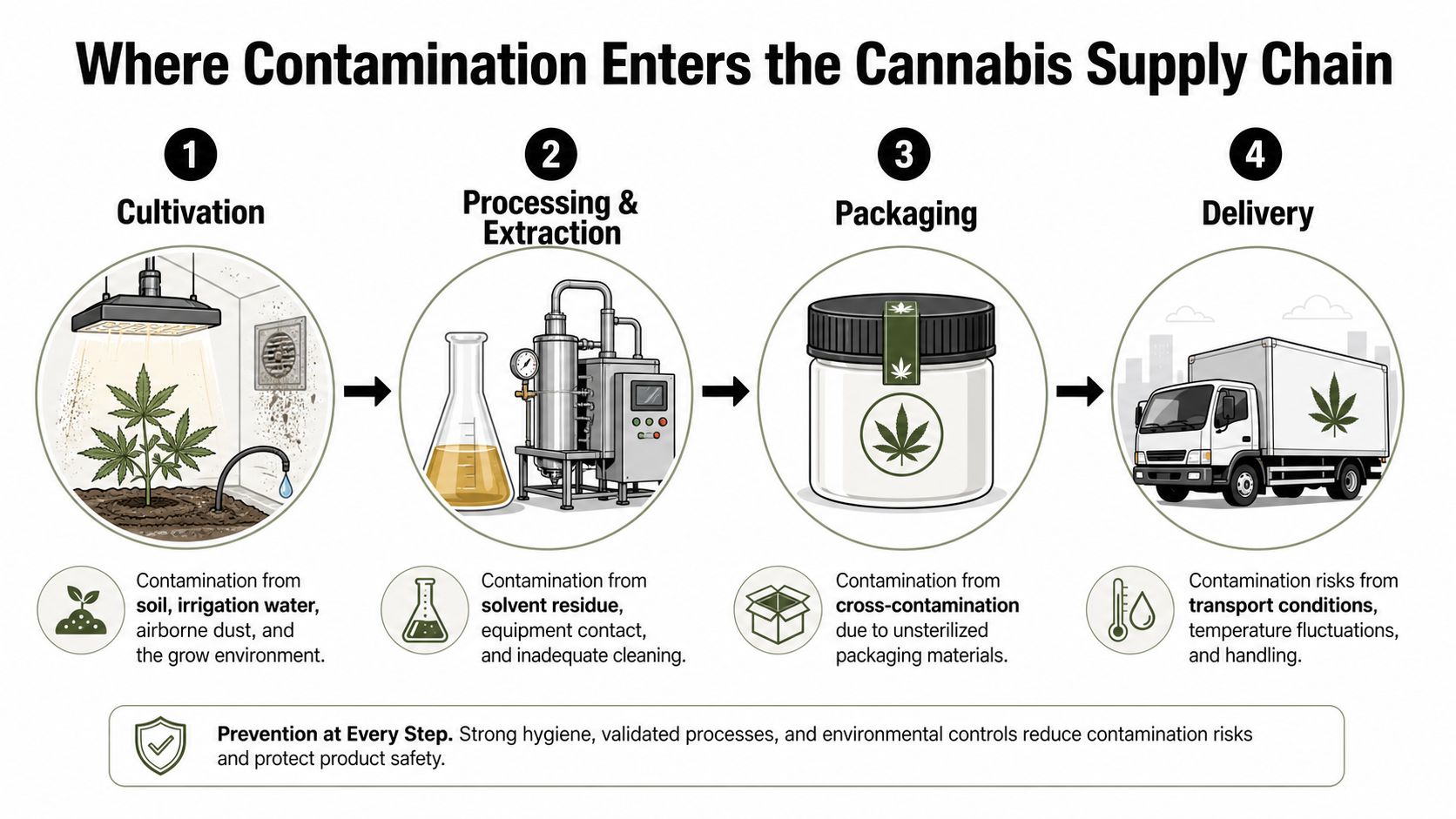 An infographic detailing the four key stages of contamination entry in the cannabis production supply chain.