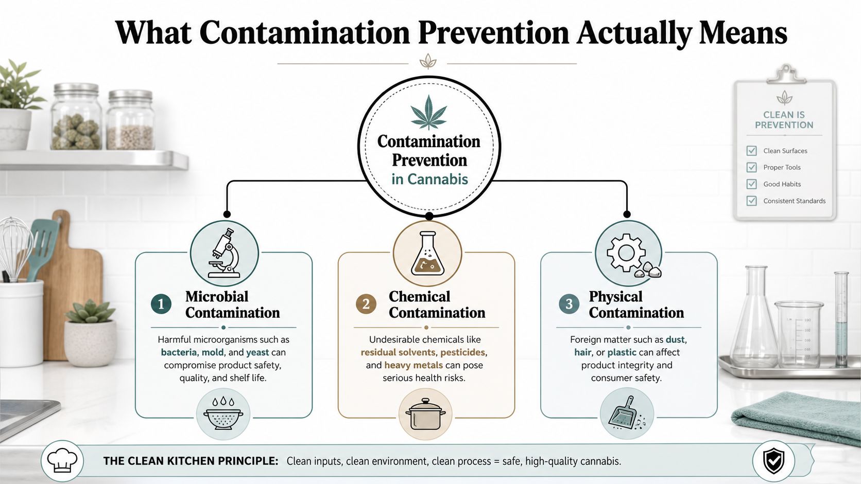 An infographic illustrating three types of cannabis contamination: microbial, chemical, and physical, in a clean kitchen setting.