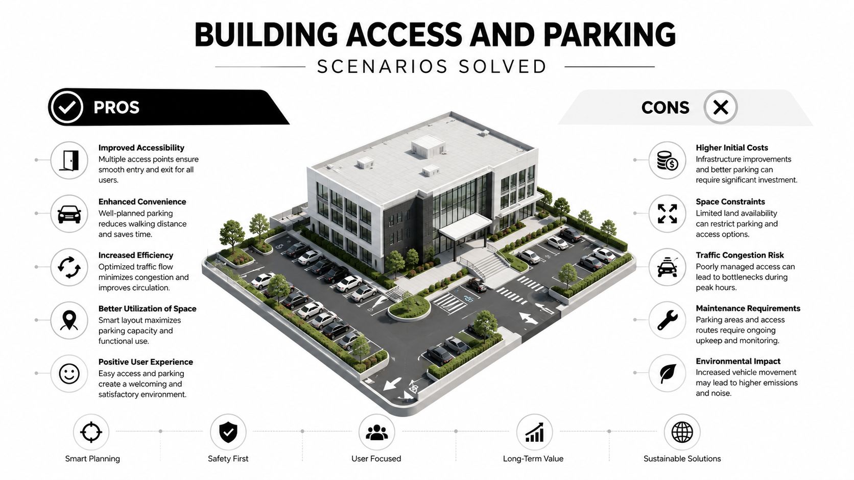 A diagram illustrating the pros and cons of building access and parking lot design for modern buildings.