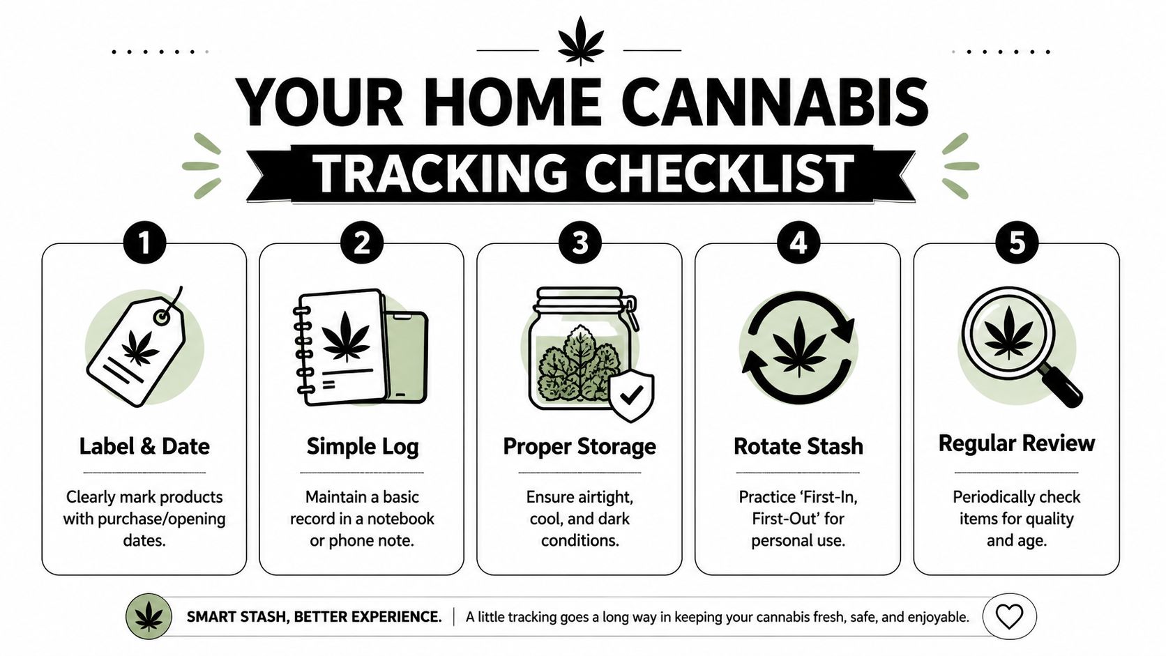 A checklist graphic titled Your Home Cannabis Tracking Checklist with five numbered steps for organizing storage.