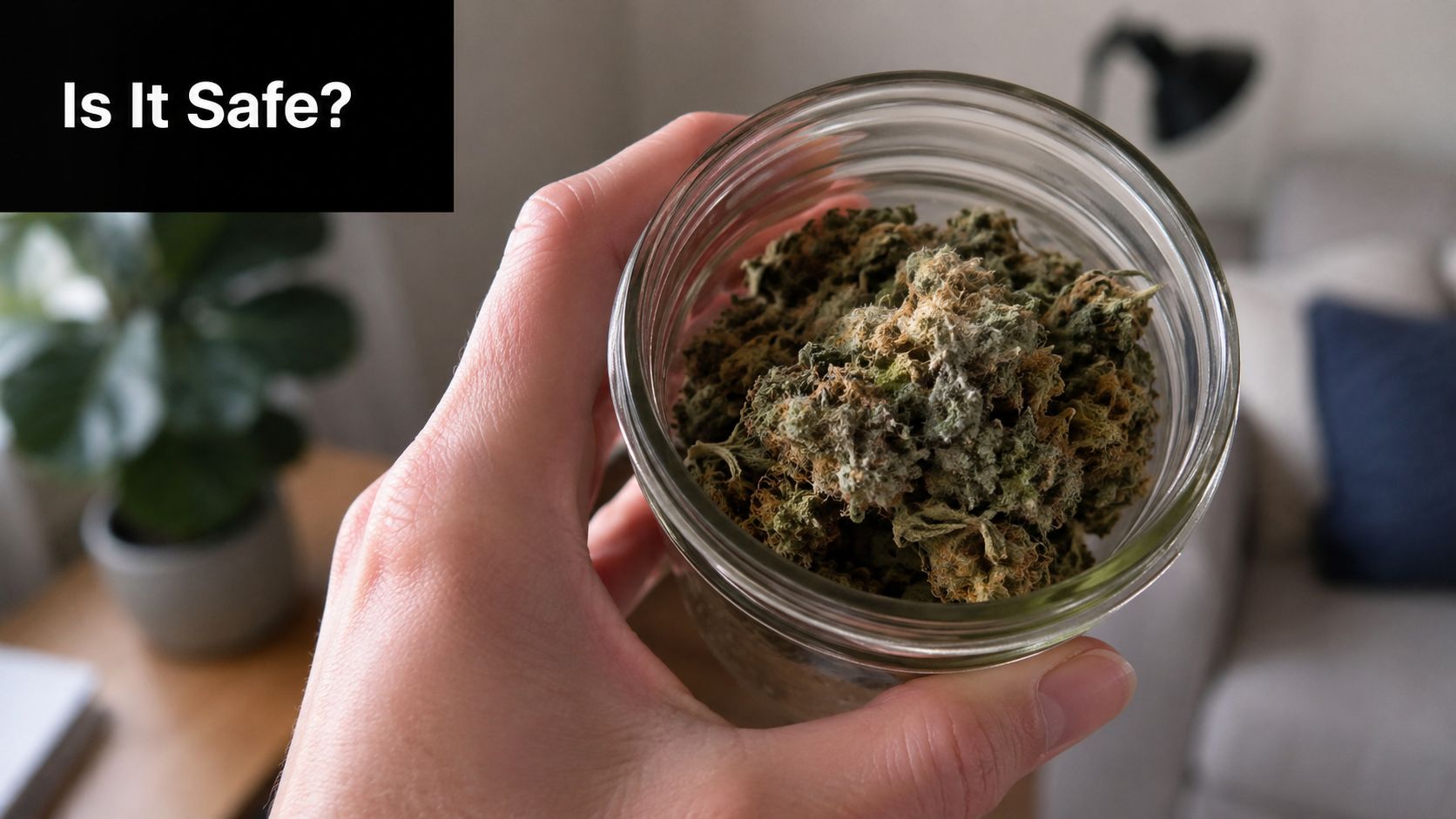 A hand holding a glass jar filled with dried cannabis flowers, questioning the safety of the product.