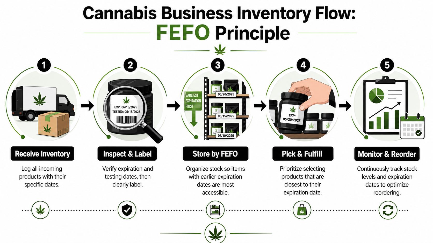 A diagram illustrating the FEFO principle for cannabis business inventory flow from receiving to monitoring stock.