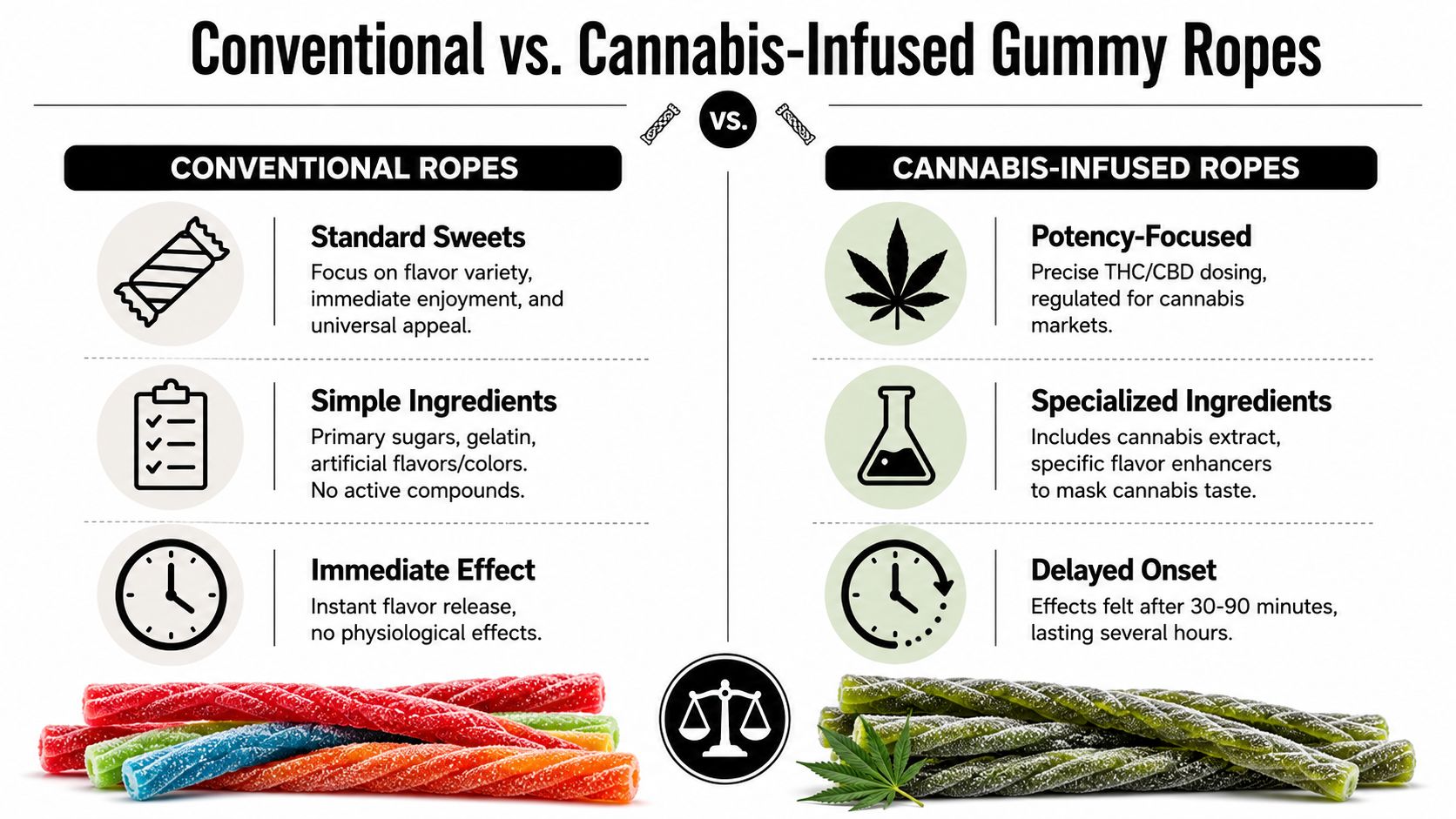 A comparison chart showing the differences between conventional gummy rope candies and cannabis-infused gummy ropes.