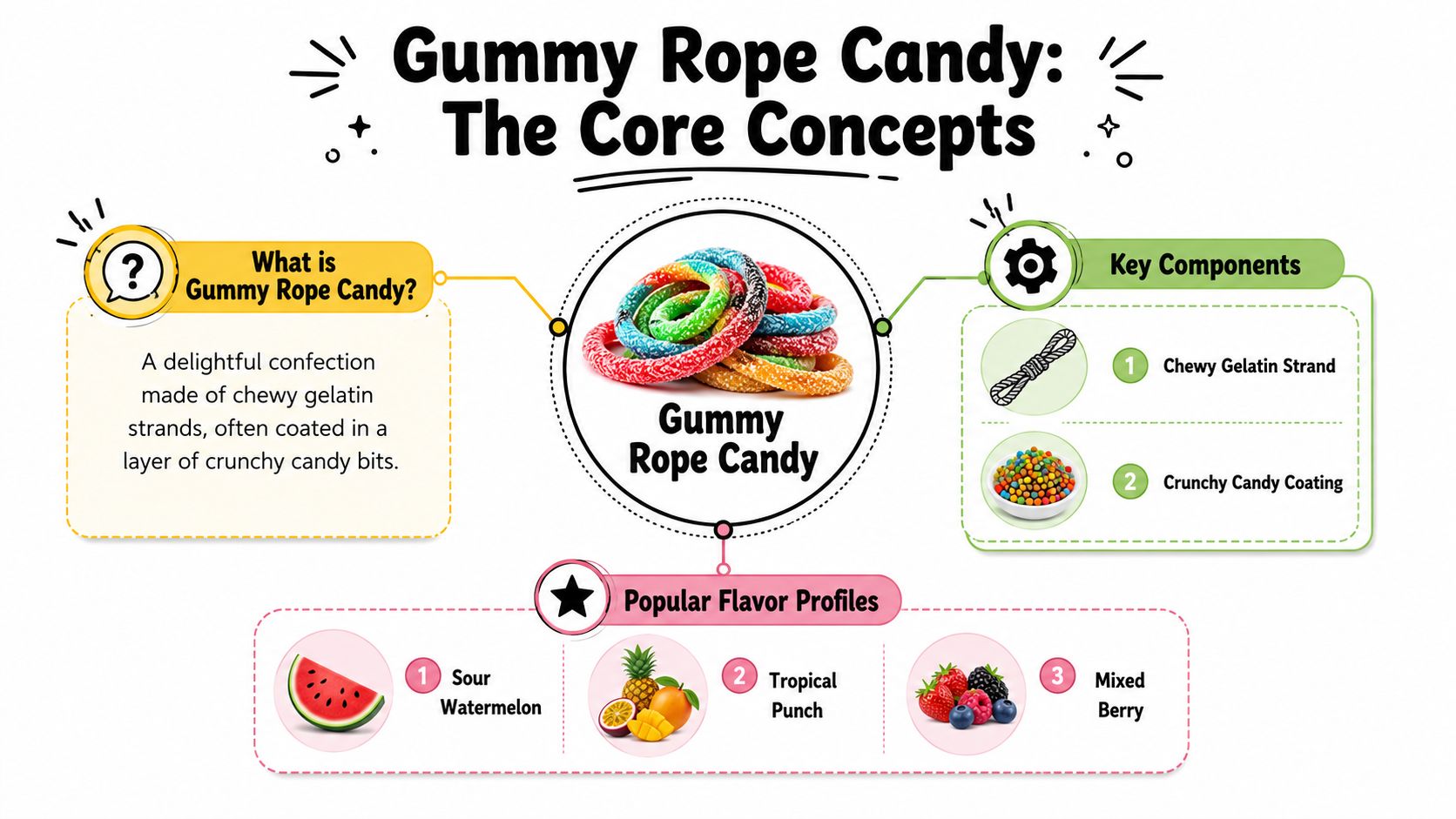 An infographic titled Gummy Rope Candy illustrating its definition, components, and popular flavor profiles.