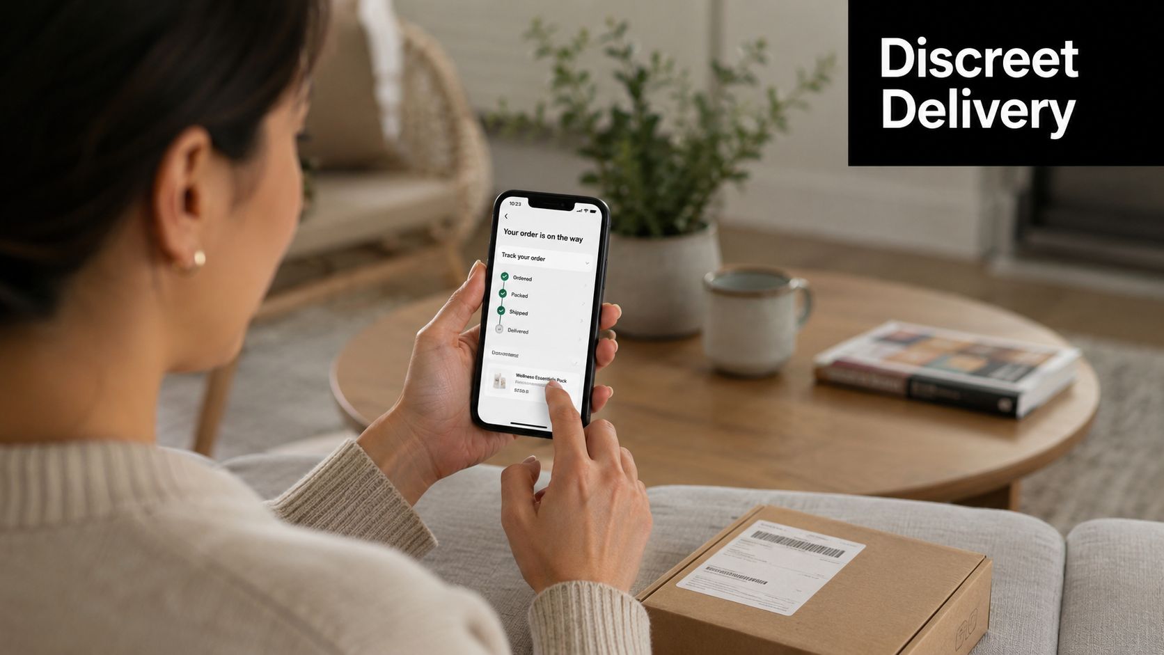 A woman holding a smartphone tracking her delivery order while sitting on a couch with a package.