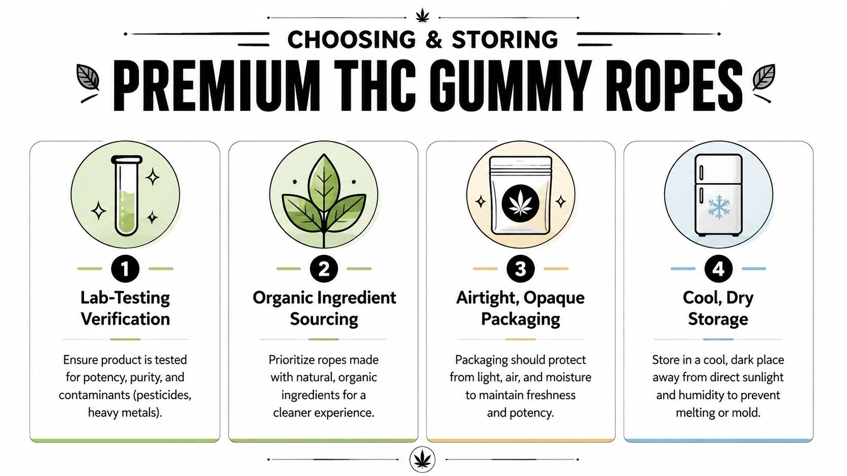 An infographic titled Choosing and Storing Premium THC Gummy Ropes, featuring four steps for quality and preservation.