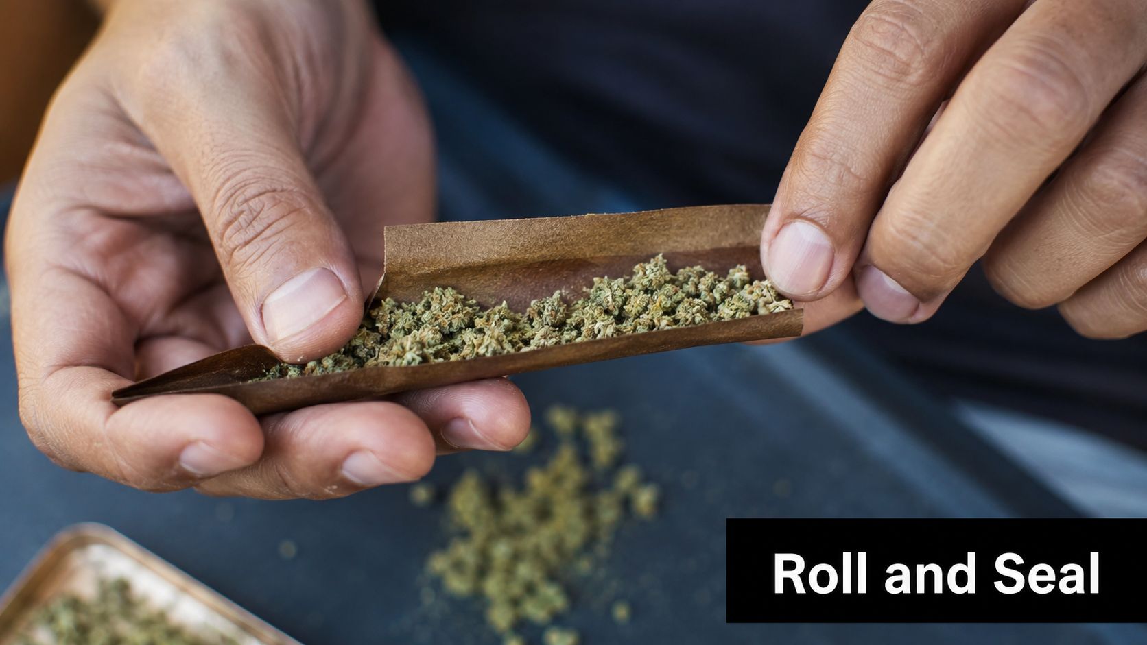 A close-up view of a person using their fingers to carefully roll cannabis inside a blunt wrap.