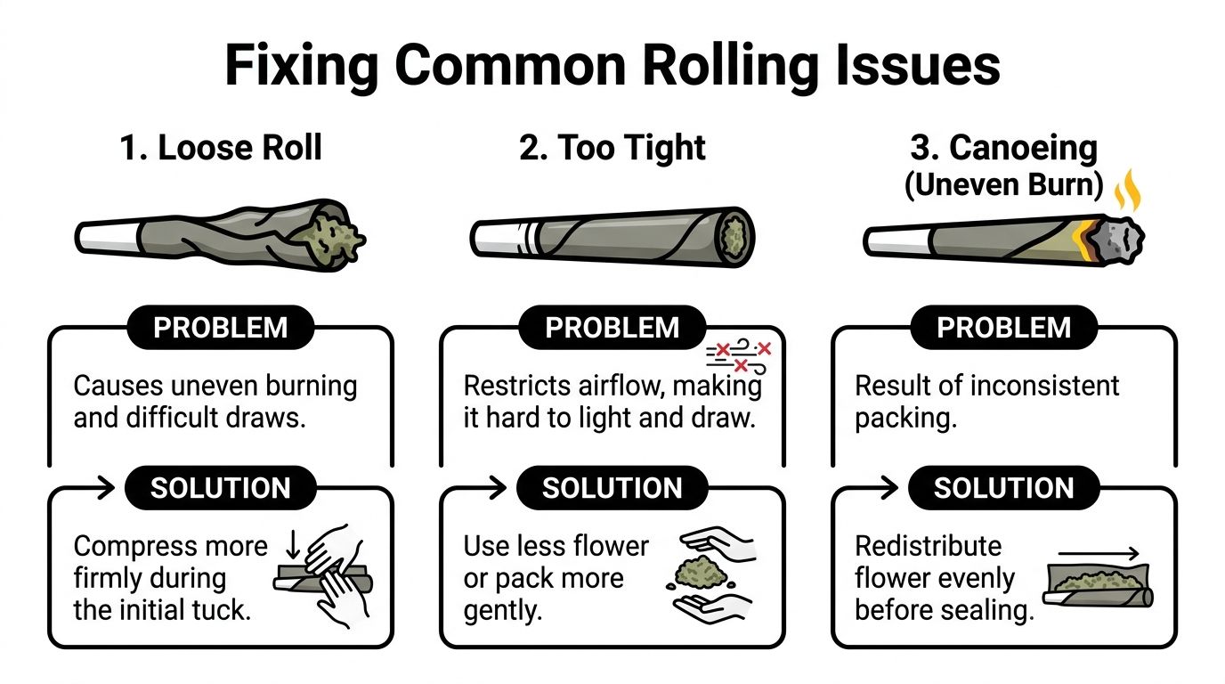 An infographic showing solutions for common issues when rolling blunts, including loose rolls, tightness, and uneven burning.