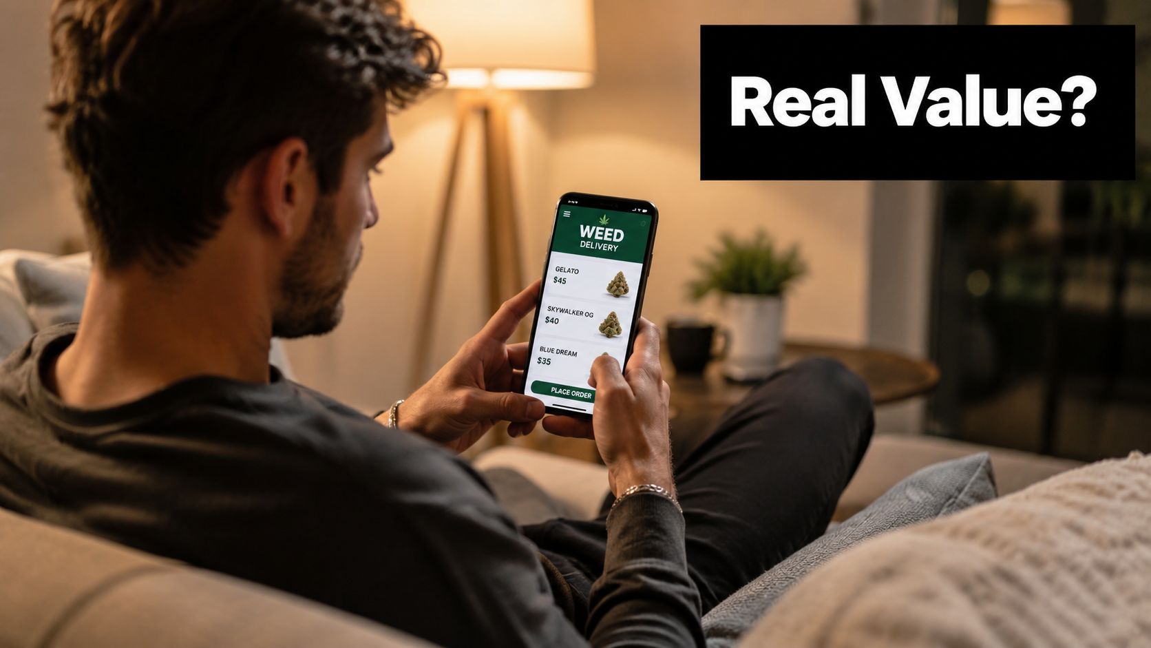 A man relaxing on a couch, using his smartphone to order cannabis products from a delivery app.