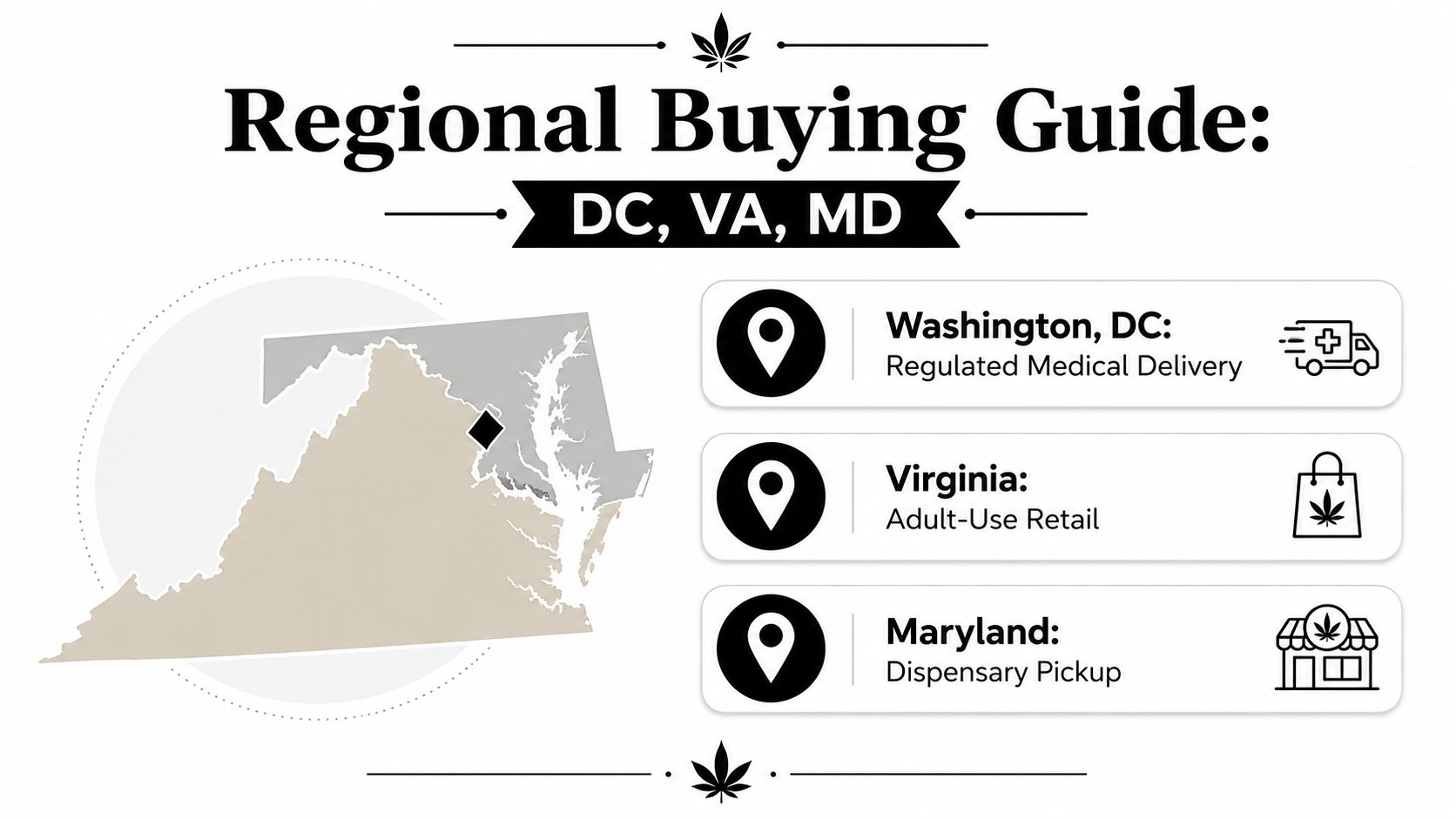 A regional buying guide chart for cannabis purchase methods in Washington DC, Virginia, and Maryland.