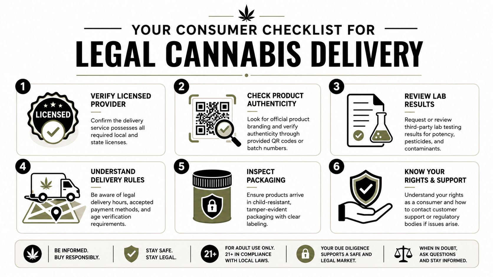 A six-point infographic titled Your Consumer Checklist for Legal Cannabis Delivery detailing safety and compliance steps.