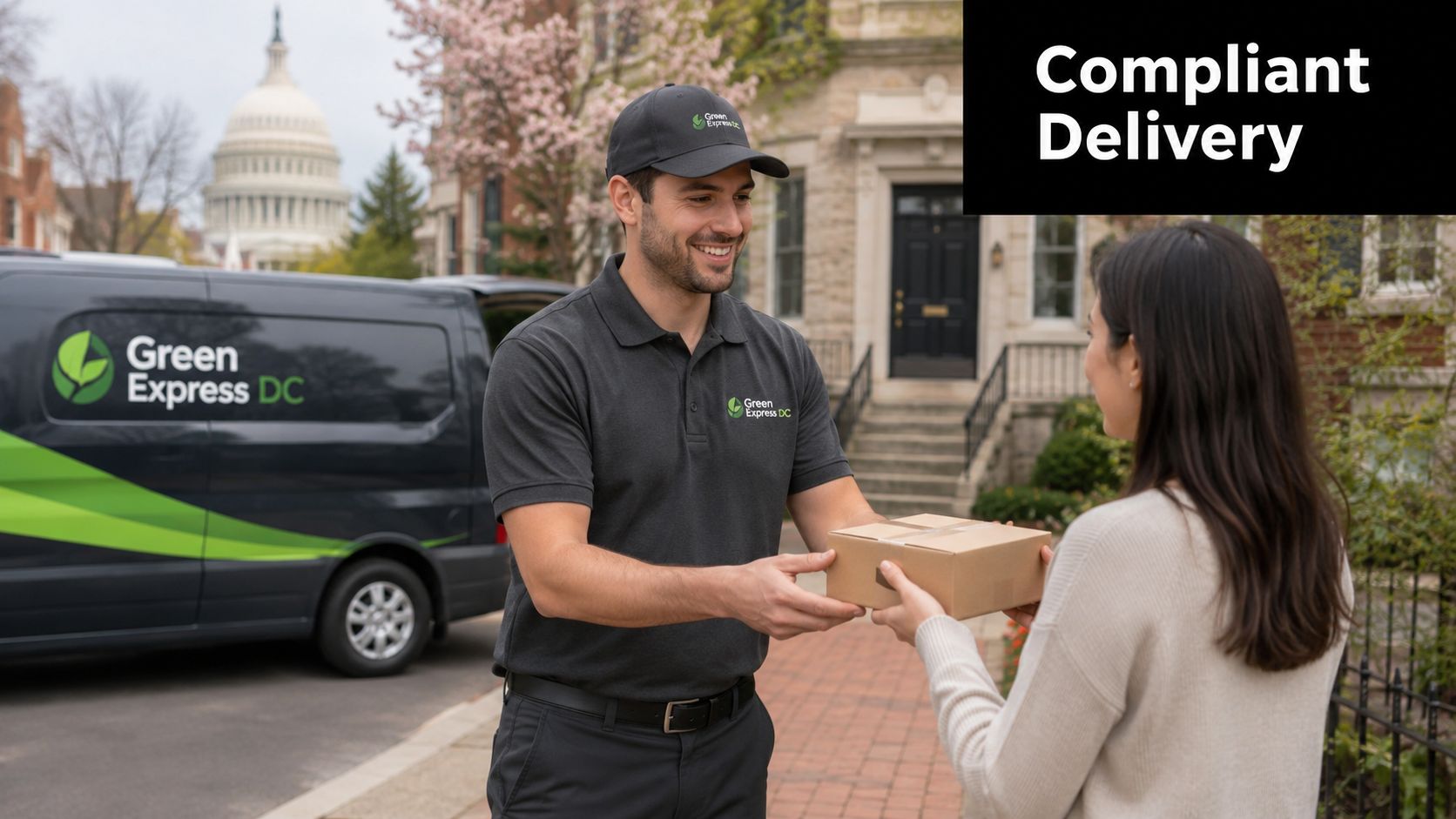 A friendly delivery driver handing a cardboard package to a customer in front of a residential home.