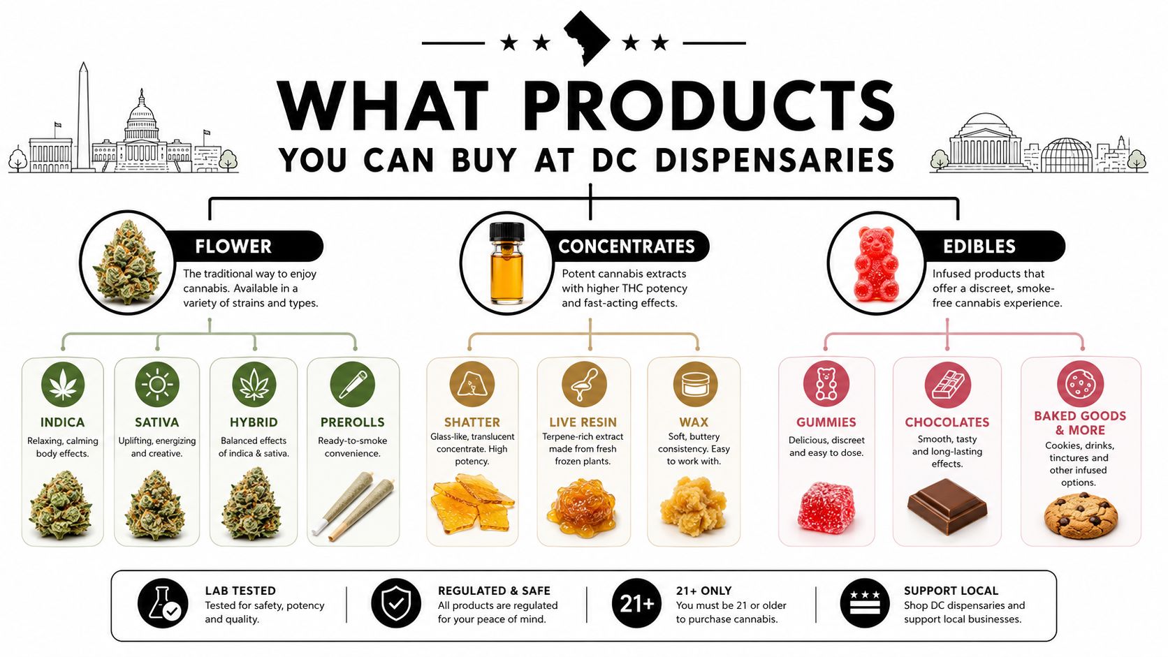 An infographic detailing various cannabis products available for purchase at Washington DC dispensaries, including flower, concentrates, and edibles.