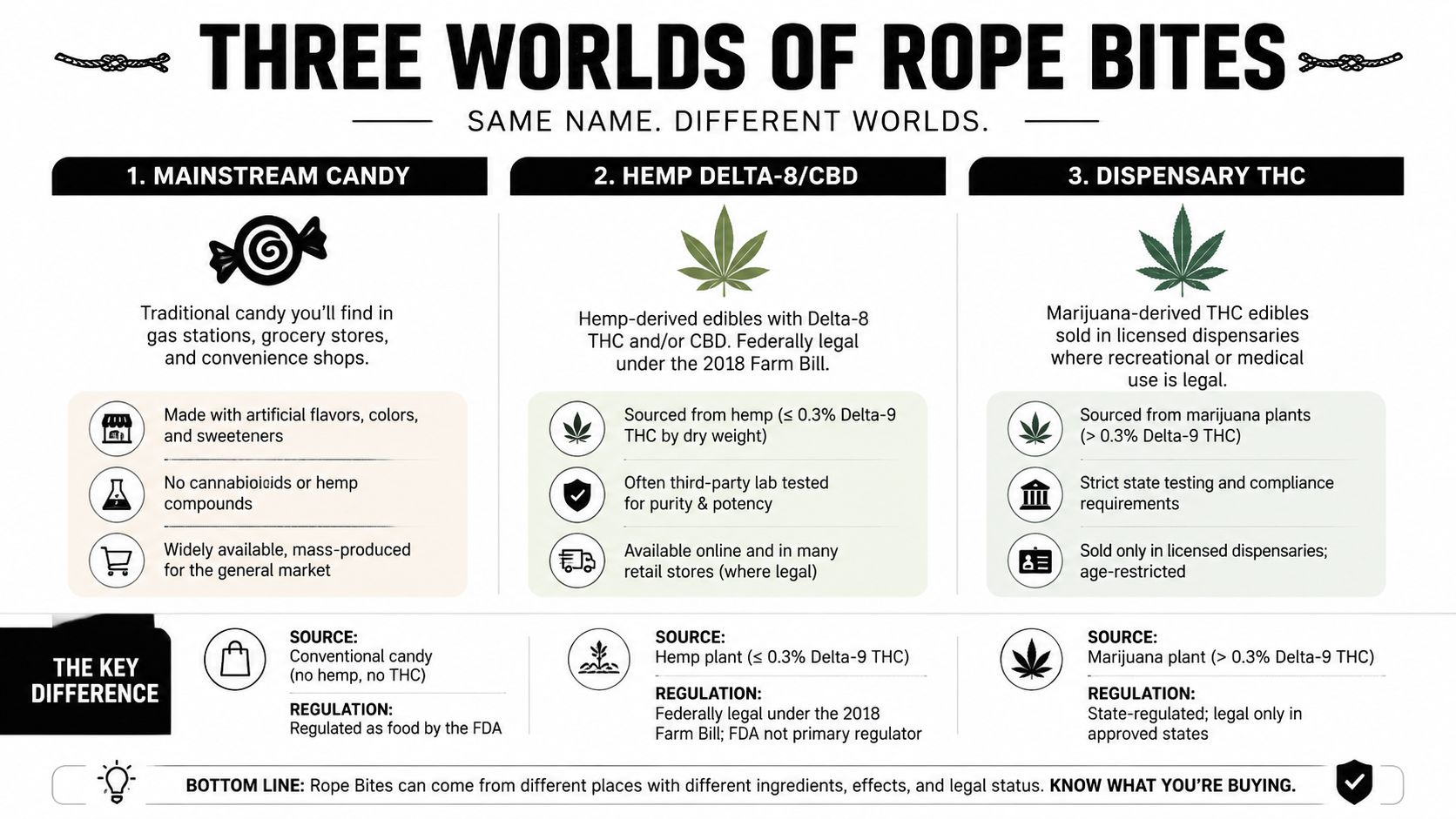 An educational infographic explaining the three distinct types of candy products known as Rope Bites.
