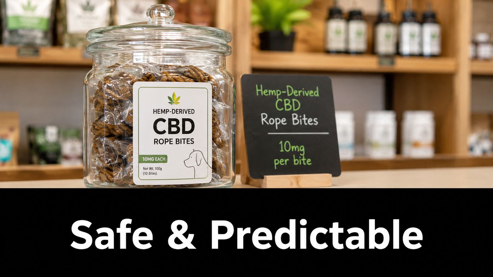 A glass jar filled with hemp-derived CBD rope bites for dogs displayed on a wooden shelf.