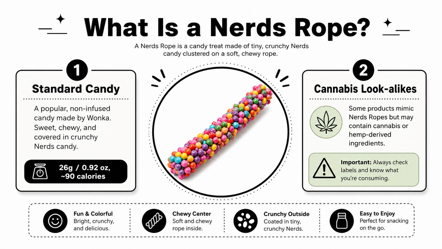 An infographic explaining the difference between standard Nerds Rope candy and cannabis-infused look-alike products.
