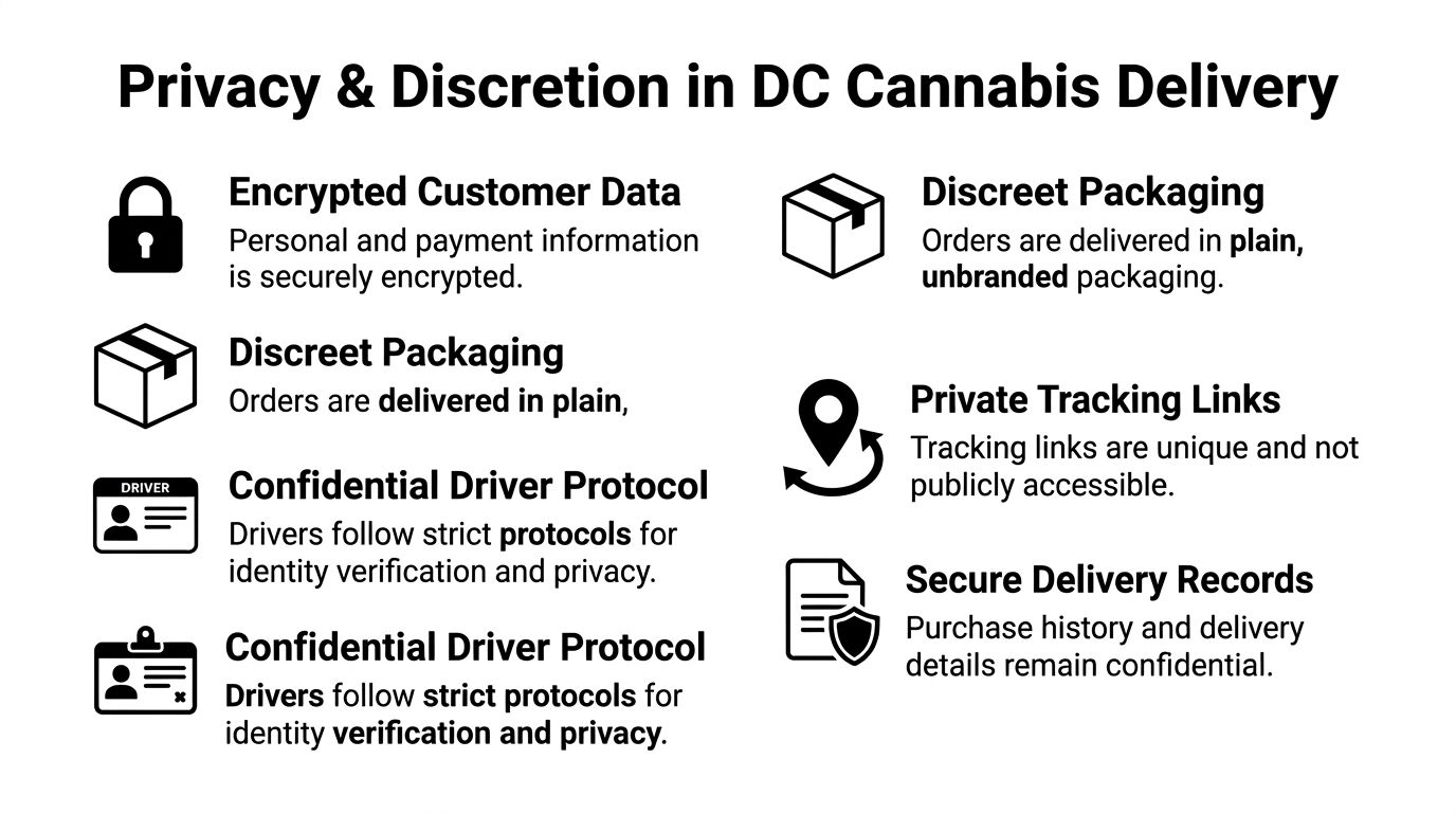 A graphic highlighting privacy and discretion features for cannabis delivery services, including secure data and packaging.