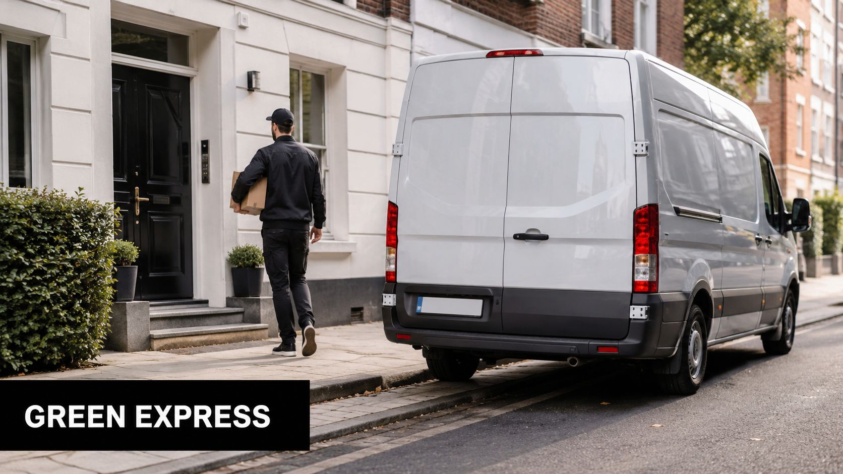 A delivery driver carrying a cardboard package walks towards a house entrance next to a parked van.