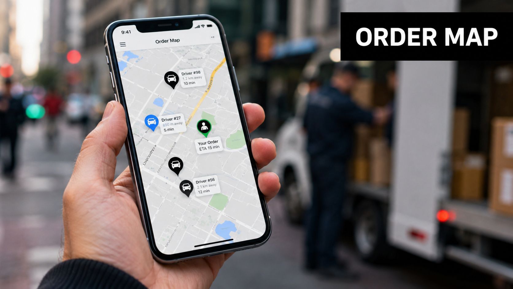 A person holding a smartphone showing an order tracking map app with driver locations and ETA.