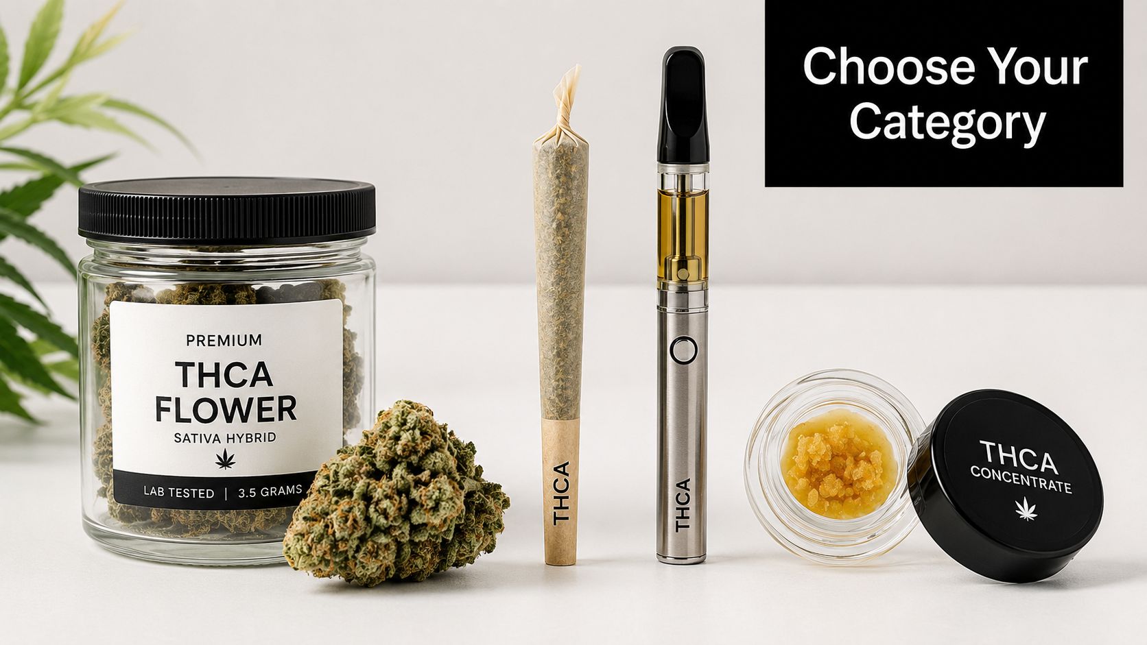 An assortment of THCA products including flower in a jar, a pre-roll, a vape pen, and concentrate.