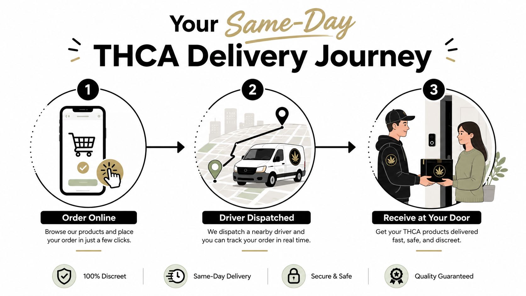 A three-step infographic showing the simple same-day delivery process for ordering THCA products online.
