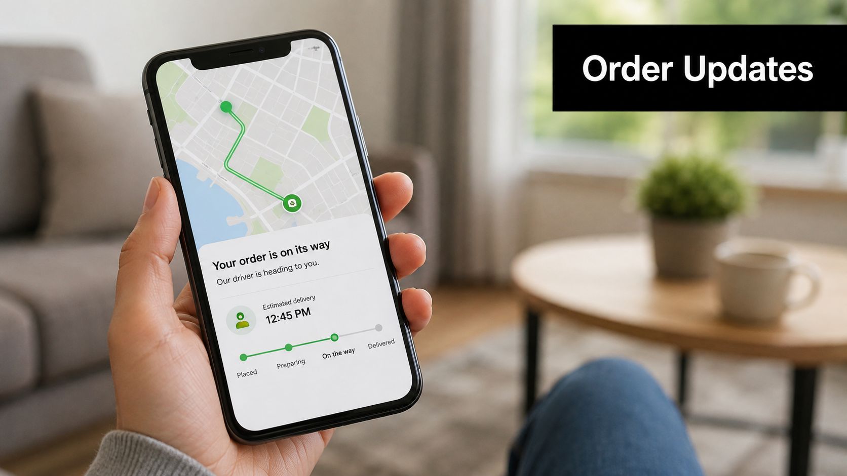 A hand holding a smartphone showing a real-time order delivery status notification on a map display.