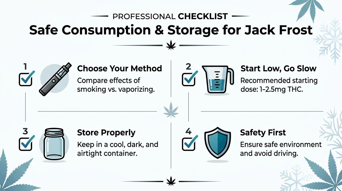 A professional checklist infographic providing safety guidelines for consuming and storing Jack Frost cannabis products.
