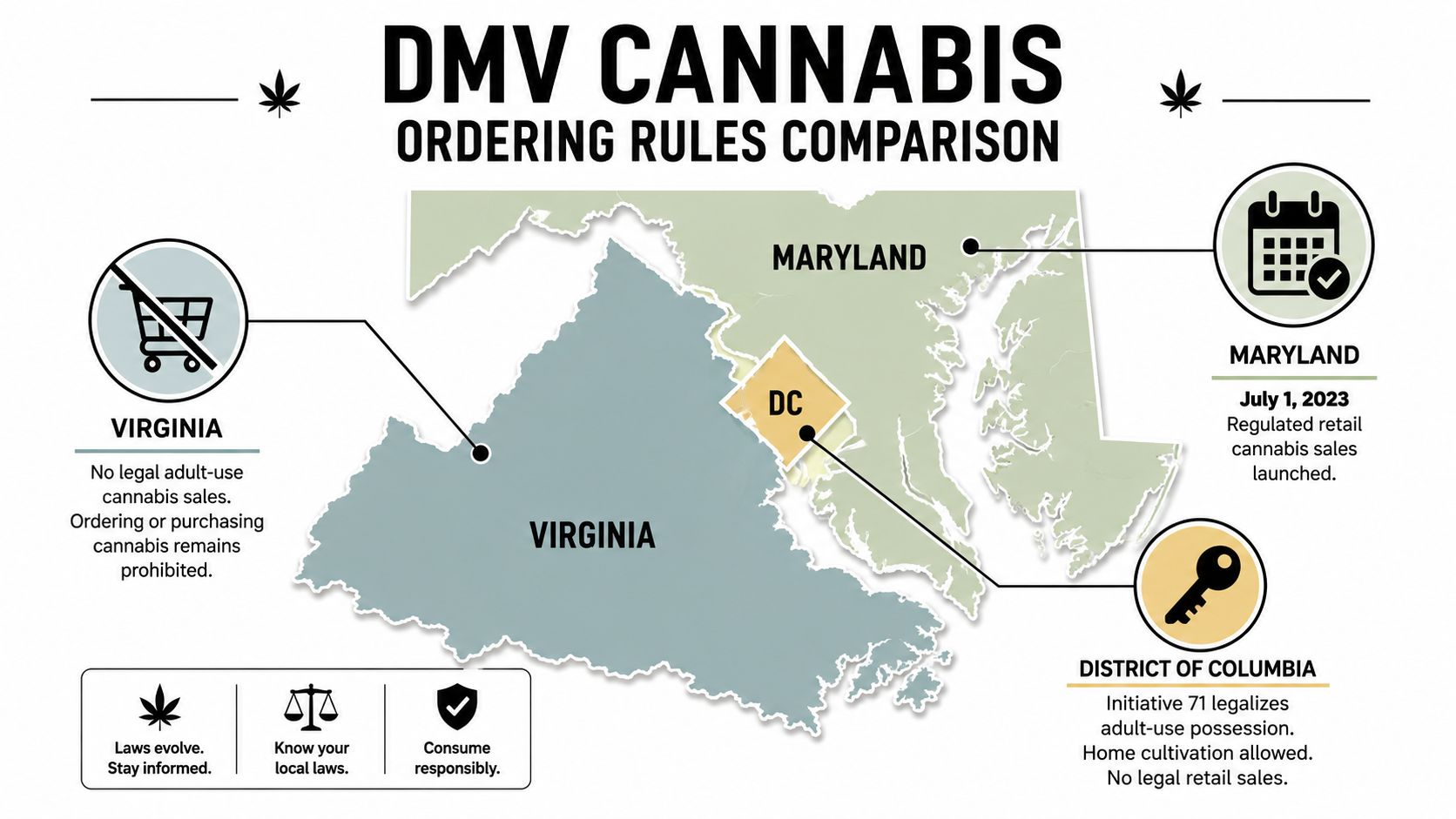A map infographic comparing adult-use cannabis laws in Virginia, Maryland, and Washington, D.C.