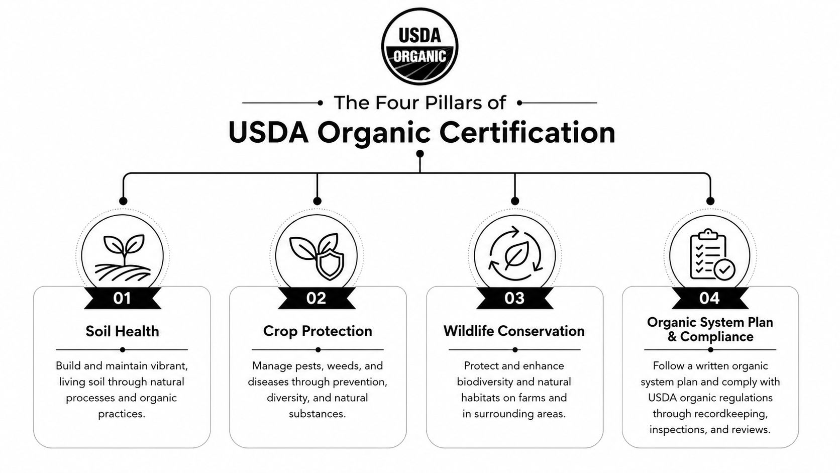 An infographic showing the four core pillars of USDA organic certification, including soil, crops, wildlife, and compliance.