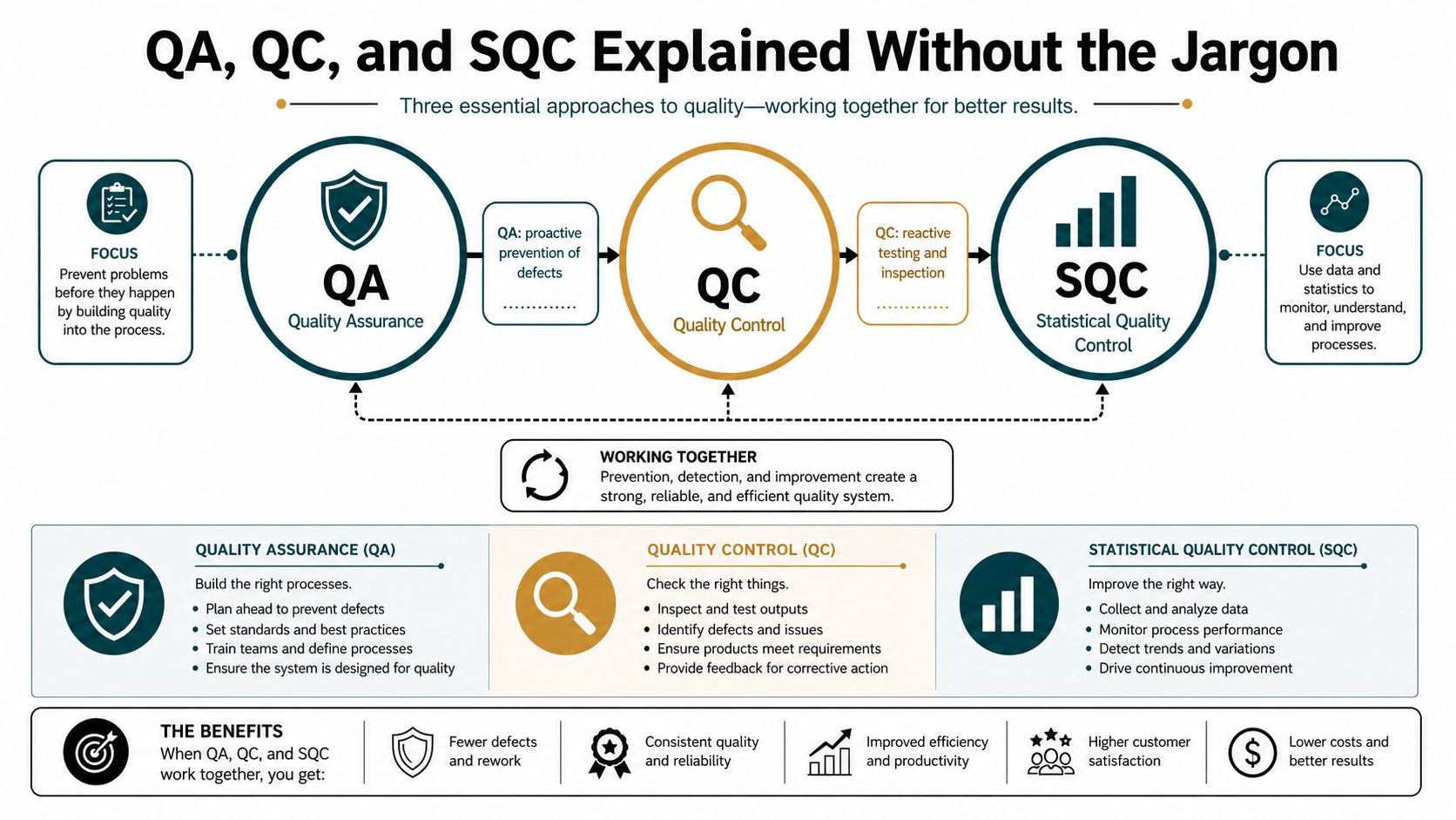 An infographic explaining the differences and relationships between Quality Assurance, Quality Control, and Statistical Quality Control.