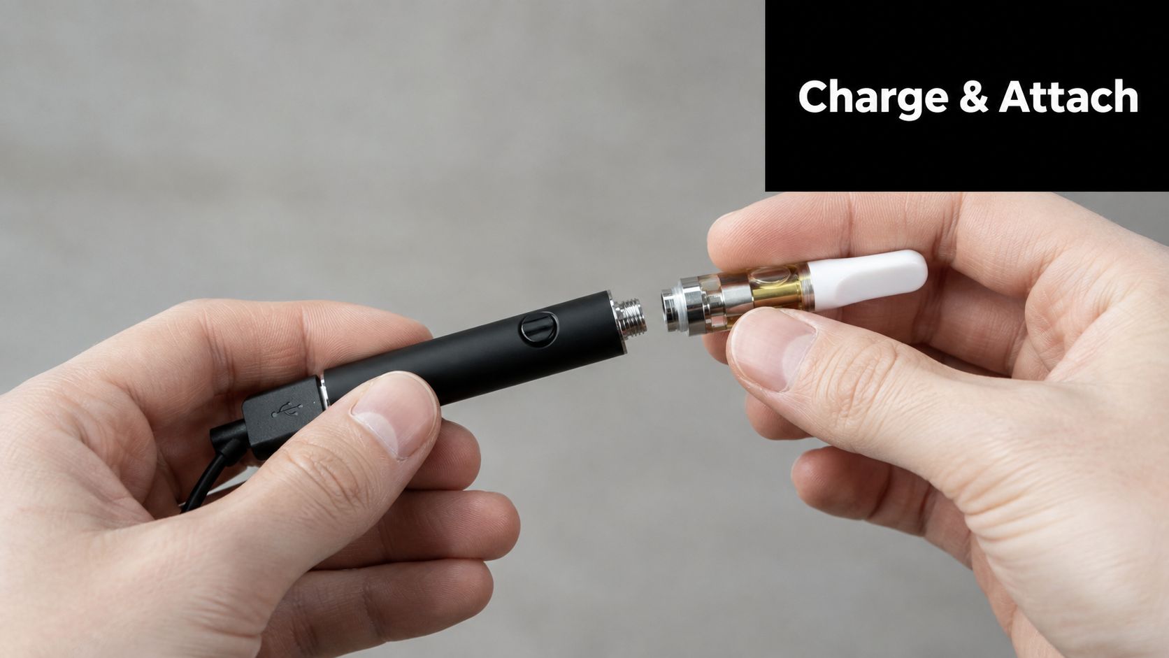A person holding a black vape pen battery being attached to a clear glass cartridge component.