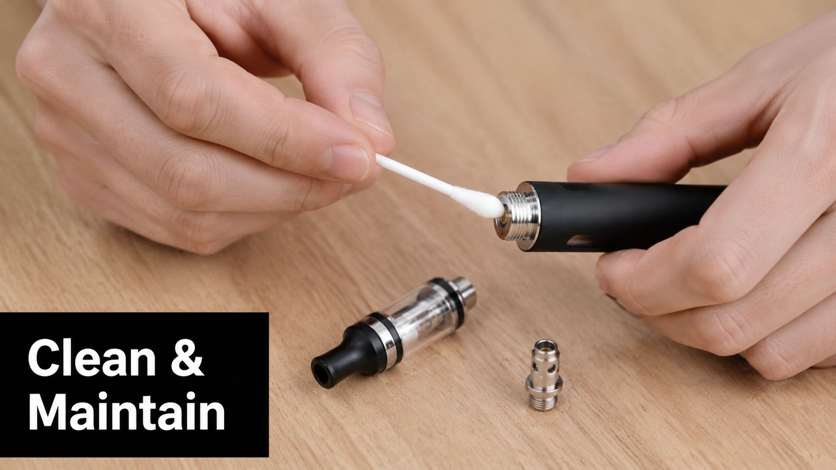 A person using a cotton swab to clean the connection point of a disassembled vape pen.